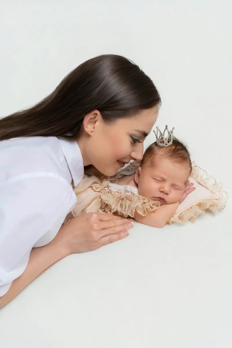 Fotenie mama a baby — mama sa skláňa nad novorodencom s korunkou